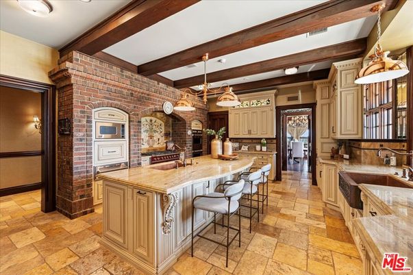 Interior, Kitchen, Pendant Lights, Recessed Lighting, Stone Walls, Wooden Beams