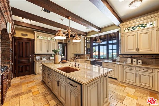 Interior, Kitchen, Pendant Lights, Stone Walls, Wooden Beams