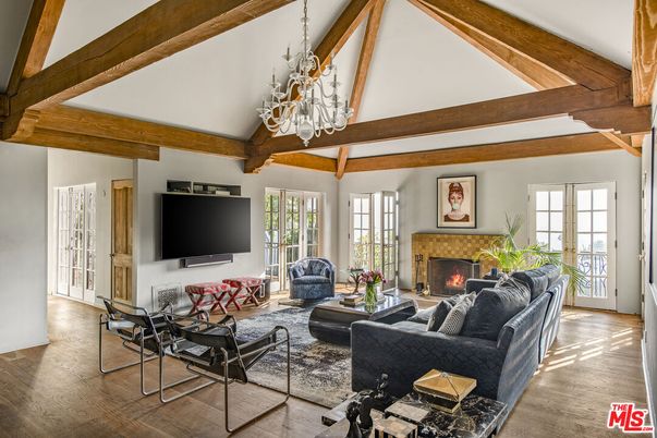 Chandelier, Fireplace, Interior, Living room, Wooden Beams, Wood Texture Flooring