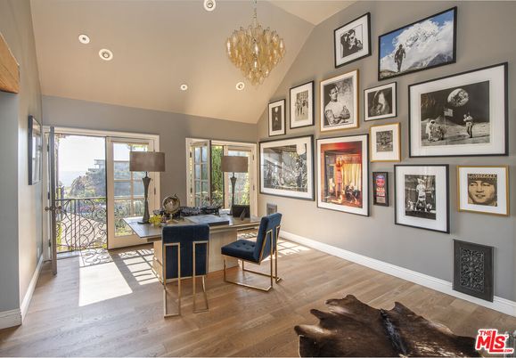 Chandelier, Home Office, Interior, Recessed Lighting, Wood Texture Flooring