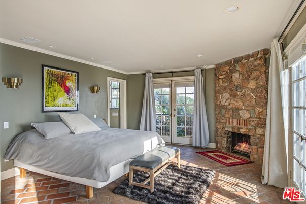 Bedroom, Fireplace, Interior, Recessed Lighting, Stone Walls