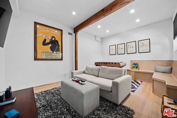 Game Room, Interior, Living room, Recessed Lighting, Wooden Beams, Wood Texture Flooring
