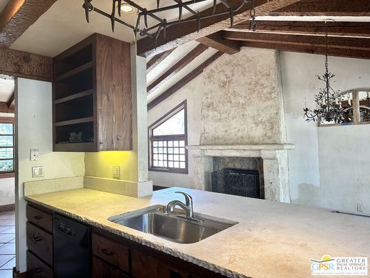Fireplace, Interior, Kitchen, Pendant Lights, Wooden Beams