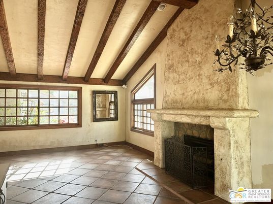 Chandelier, Empty room, Fireplace, Interior, Wooden Beams