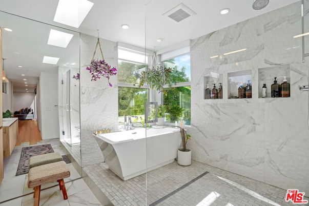 Bathroom, Free Standing Baths, Glass Shower, Interior, Marble, Marble Walls, Recessed Lighting