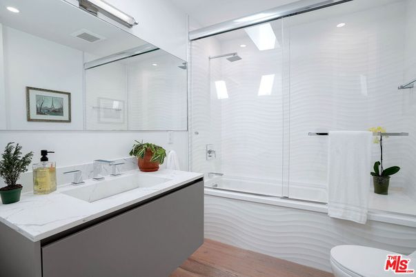 Bathroom, Glass Shower, Interior, Recessed Lighting, Wood Texture Flooring
