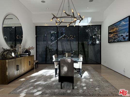 Dining room, Interior, Pendant Lights, Recessed Lighting, Wood Texture Flooring