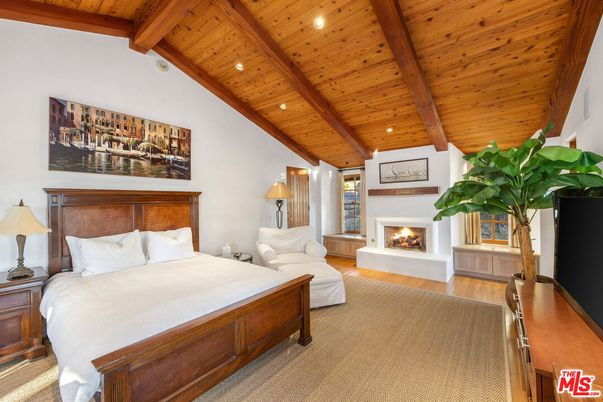 Bedroom, Fireplace, Interior, Recessed Lighting, Wooden Beams, Wooden Ceilings, Wood Texture Flooring