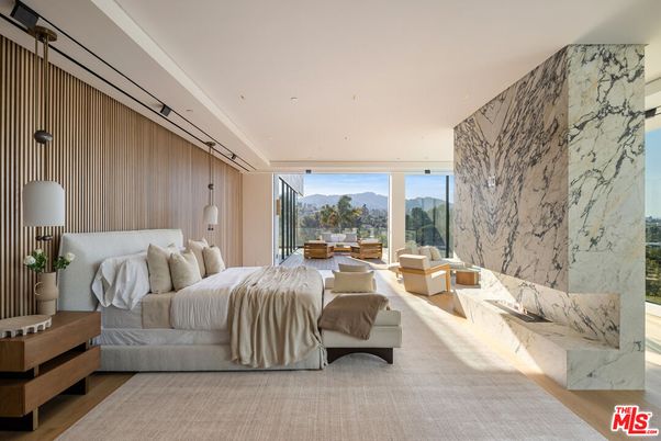 Bedroom, Interior, Marble Walls, Pendant Lights, Recessed Lighting