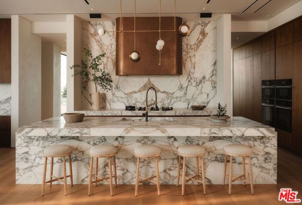 Interior, Kitchen, Marble Walls, Pendant Lights, Recessed Lighting, Wood Texture Flooring