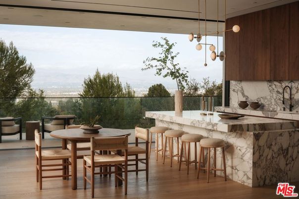Dining room, Interior, Marble Walls, Pendant Lights, Wood Texture Flooring