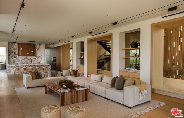Interior, Kitchen, Living room, Marble Walls, Recessed Lighting, Wood Texture Flooring
