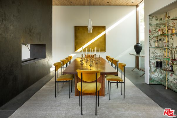 Dining room, Fireplace, Interior, Pendant Lights, Wooden Ceilings
