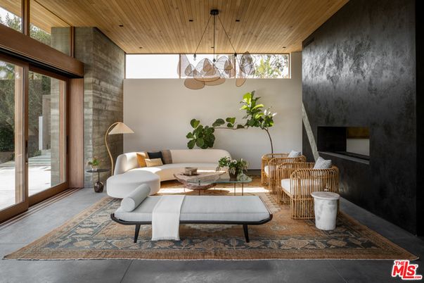 Fireplace, Interior, Living room, Pendant Lights, Recessed Lighting, Stone Walls, Wooden Ceilings