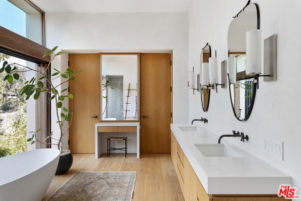 Bathroom, Dual Sink Vanities, Free Standing Baths, Interior, Wood Texture Flooring