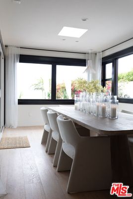 Dining room, Interior, Projection Screen, Recessed Lighting, Wood Texture Flooring