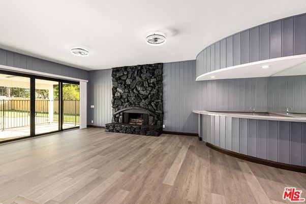 Empty room, Fireplace, Interior, Recessed Lighting, Wood Texture Flooring