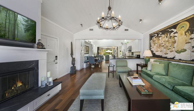 Chandelier, Dining room, Fireplace, Interior, Kitchen, Living room, Pendant Lights, Wood Texture Flooring