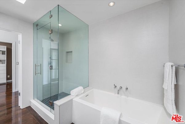 Bathroom, Glass Shower, Interior, Recessed Lighting, Wood Texture Flooring