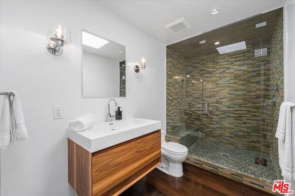 Bathroom, Glass Shower, Interior, Recessed Lighting, Wood Texture Flooring