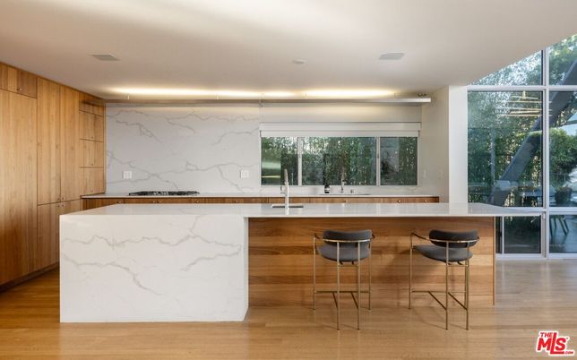 Interior, Kitchen, Marble Walls, Recessed Lighting, Wood Texture Flooring