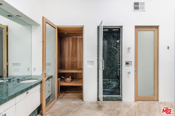 Bathroom, Dual Sink Vanities, Glass Shower, Interior, Recessed Lighting, Sauna Room