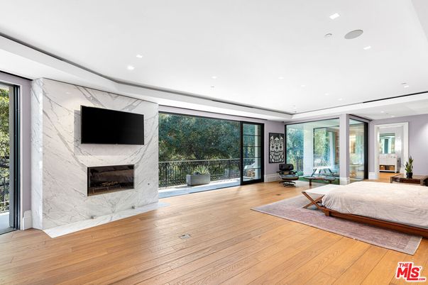 Bedroom, Fireplace, Interior, Marble, Marble Walls, Recessed Lighting, Wood Texture Flooring