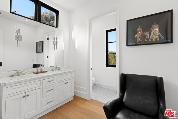 Bathroom, Dual Sink Vanities, Interior, Recessed Lighting, Wood Texture Flooring