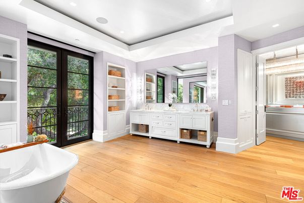 Bathroom, Dual Sink Vanities, Free Standing Baths, Interior, Recessed Lighting, Wood Texture Flooring