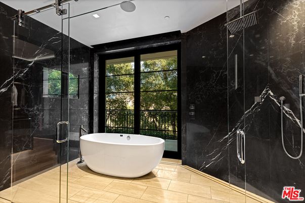 Bathroom, Free Standing Baths, Glass Shower, Interior, Marble Walls, Recessed Lighting