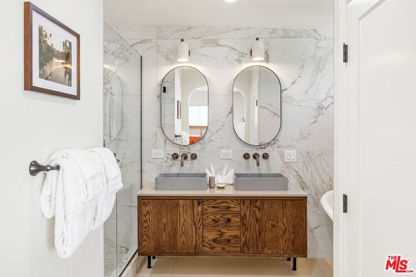 Bathroom, Dual Sink Vanities, Glass Shower, Interior, Marble Walls
