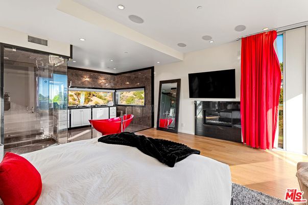 Bedroom, Fireplace, Interior, Recessed Lighting, Wood Texture Flooring