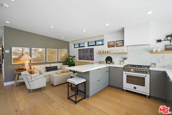 Interior, Kitchen, Living room, Marble Walls, Recessed Lighting, Stainless Steel Appliances, Wood Texture Flooring