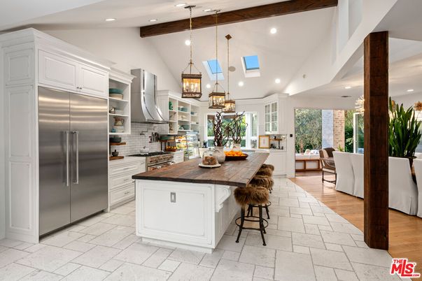 Interior, Kitchen, Pendant Lights, Recessed Lighting, Stainless Steel Appliances, Wooden Beams, Wood Texture Flooring