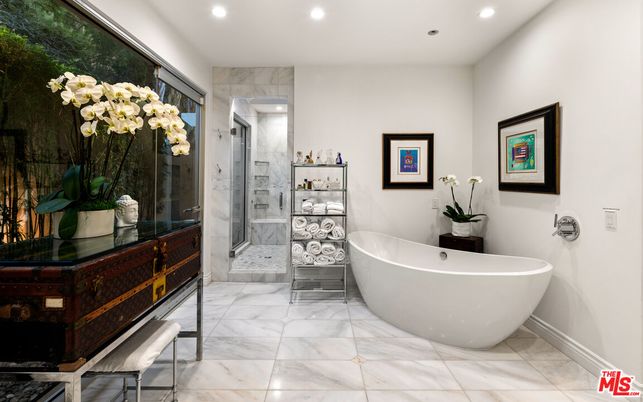 Bathroom, Free Standing Baths, Glass Shower, Interior, Marble, Marble Walls, Recessed Lighting