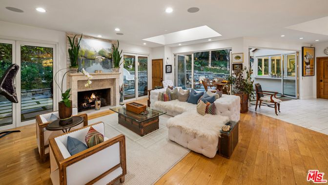 Dining room, Fireplace, Interior, Living room, Recessed Lighting, Wood Texture Flooring