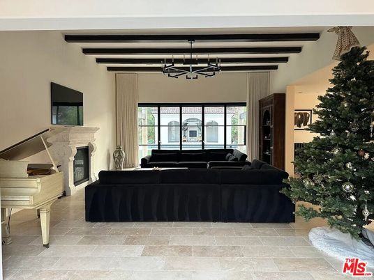 Fireplace, Interior, Living room, Pendant Lights, Piano, Wooden Beams