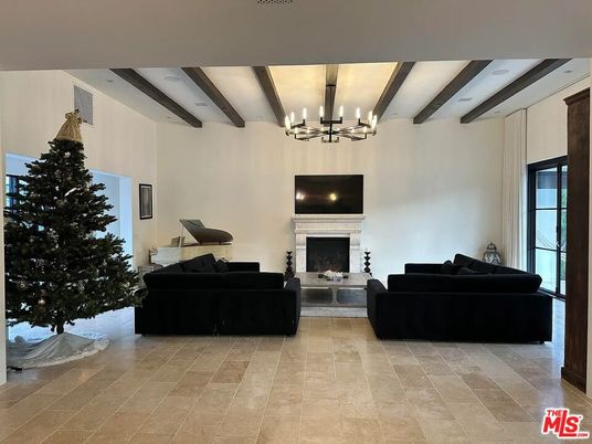 Chandelier, Fireplace, Interior, Living room, Piano, Wooden Beams