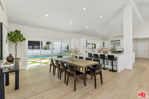 Dining room, Interior, Kitchen, Recessed Lighting, Stainless Steel Appliances, Wood Texture Flooring
