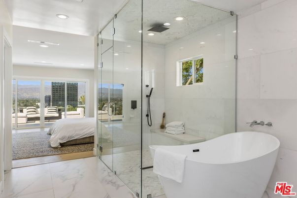 Bathroom, Bedroom, Free Standing Baths, Glass Shower, Interior, Marble, Marble Walls, Recessed Lighting