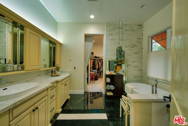 Bathroom, Dual Sink Vanities, Interior, Recessed Lighting, Stone Walls