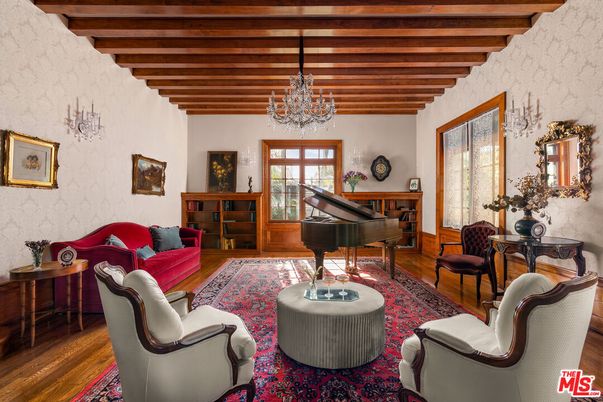 Chandelier, Interior, Living room, Piano, Wooden Beams, Wooden Ceilings, Wood Texture Flooring