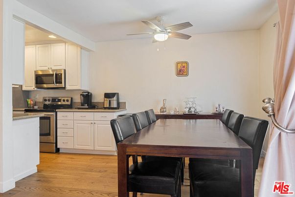 Dining room, Interior, Kitchen, Recessed Lighting, Stainless Steel Appliances, Wood Texture Flooring
