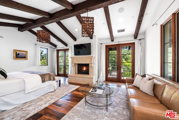 Bedroom, Chandelier, Fireplace, Interior, Living room, Recessed Lighting, Wooden Beams, Wood Texture Flooring