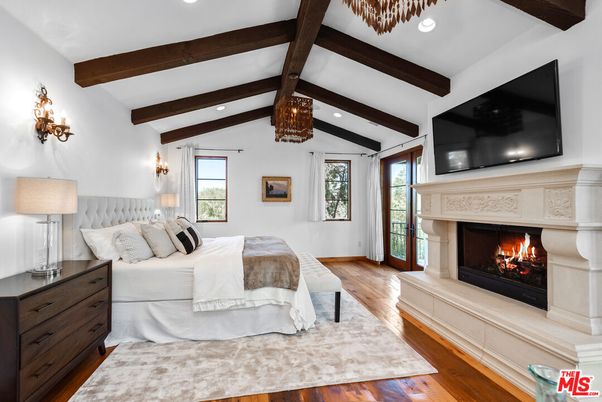 Bedroom, Fireplace, Interior, Recessed Lighting, Wooden Beams, Wood Texture Flooring