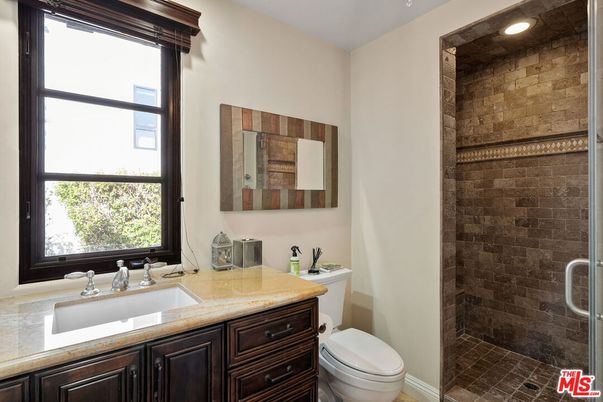 Bathroom, Glass Shower, Interior, Recessed Lighting, Stone Walls