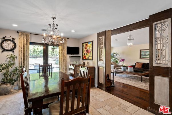 Chandelier, Dining room, Interior, Living room, Pendant Lights, Recessed Lighting, Wood Texture Flooring