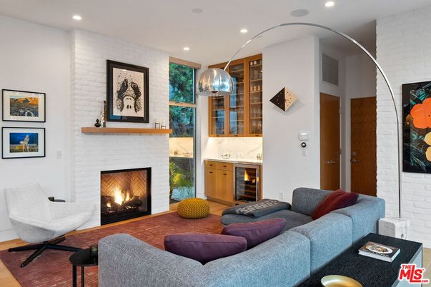 Fireplace, Interior, Living room, Recessed Lighting, Stone Walls
