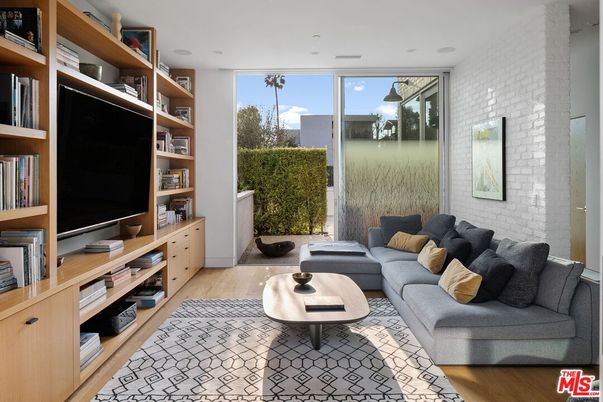 Interior, Living room, Recessed Lighting, Stone Walls, Wood Texture Flooring