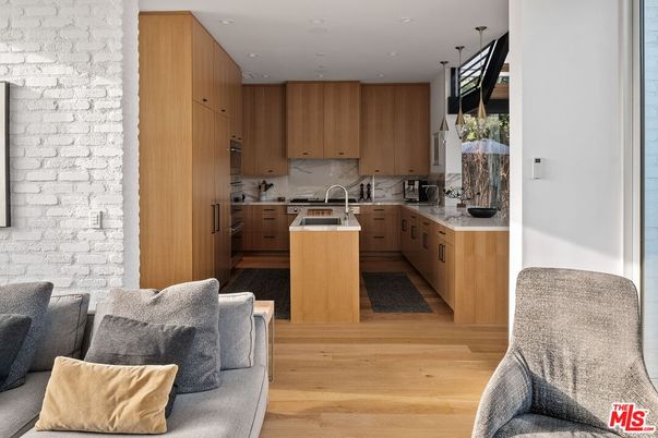 Interior, Kitchen, Recessed Lighting, Stone Walls, Wood Texture Flooring